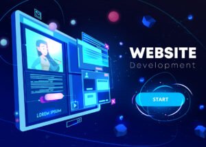 Website development banner, computer technology, monitor with open browser page and woman profile on screen, futuristic background in neon glowing colors. Cartoon vector illustration, landing page